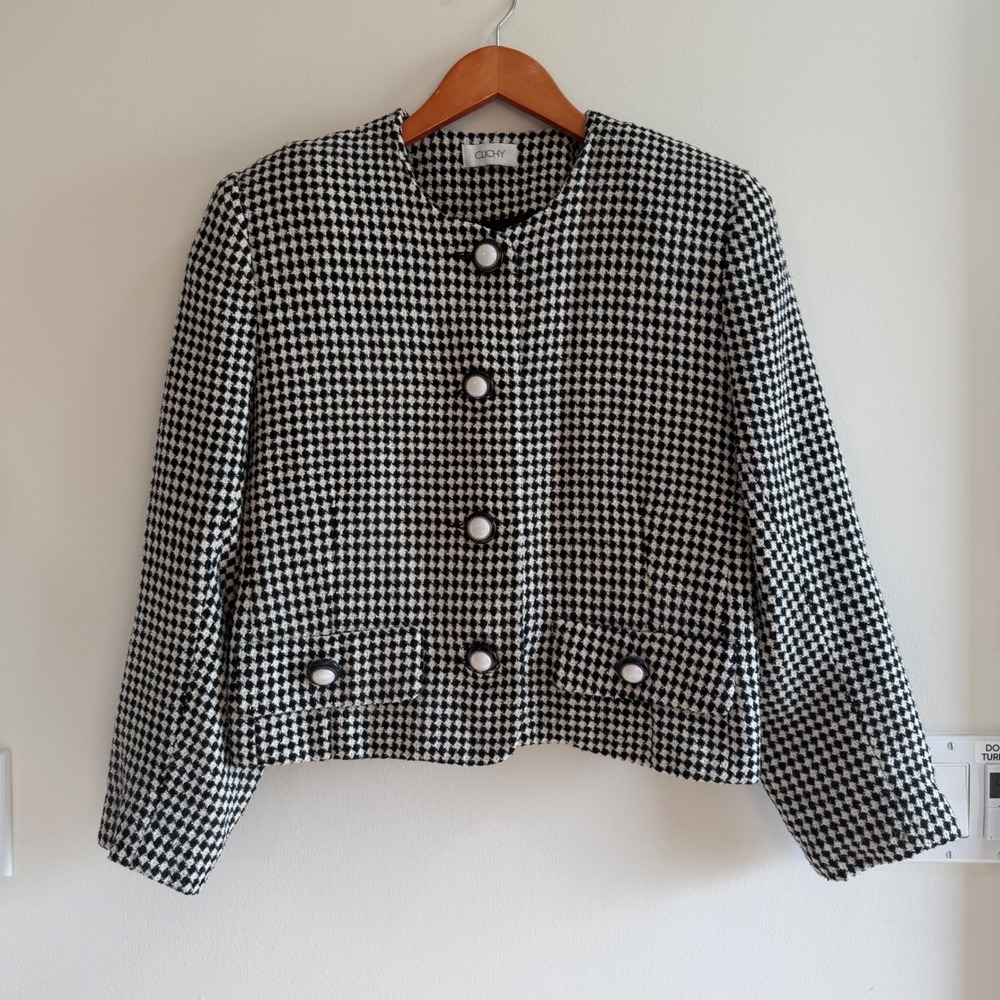 Clichy Cropped Houndstooth Tweed Padded Jacket Black White Vintage Wool Blend 12